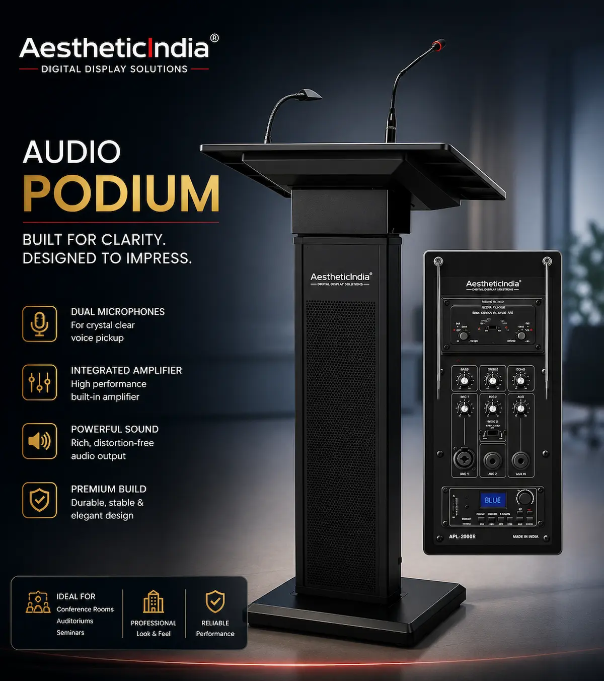 Aesthetic India Audio Podium with Dual Microphone and Built-in Amplifier — Conference Room India