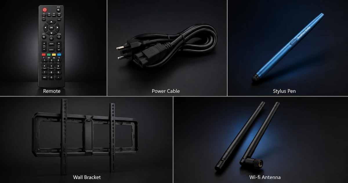 Aesthetic India Interactive Flat Panel accessories — Remote, Power Cable, Stylus Pen, Wall Bracket, Wi-Fi Antenna included free