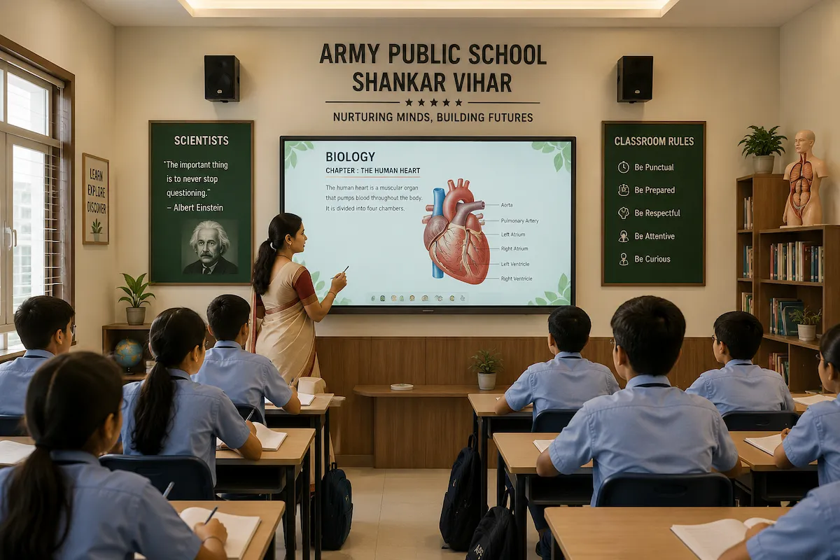 Students in Army Public School Shankar Vihar classroom using Aesthetic India Interactive Flat Panel for biology lesson